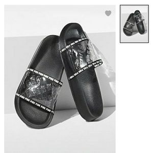 NWT PINK clear embossed logo slides size M